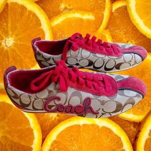 Coach Signature Canvas Red Suede Low Top Fashion‎ Sneakers Women Size 8.5B